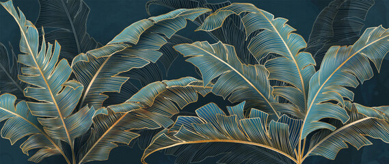 Luxury dark art background with tropical palm leaves in golden line art style. Botanical banner with exotic plants for decoration, print, wallpaper, textiles, packaging, interior.