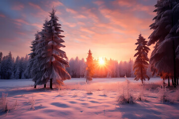 Sunrise in Birmingham winter scene with pine trees