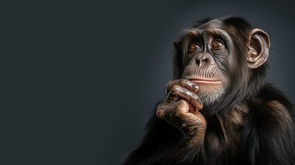 Confused chimpanzee is thinking something isolated on gray background - obrazy, fototapety, plakaty