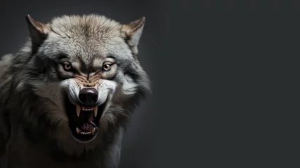 Foto op Canvas Angry wolf roaring ready to attack isolated on gray background © pariketan