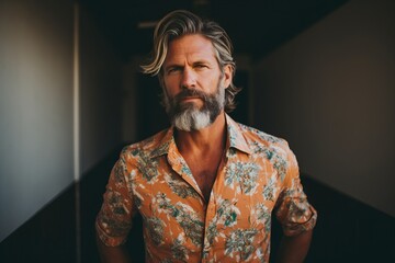 Portrait of a handsome mature man with gray hair and beard wearing summer shirt