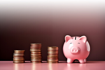 Pink piggy bank on the right side, To the left of the piggy bank are stacks of coins in ascending order