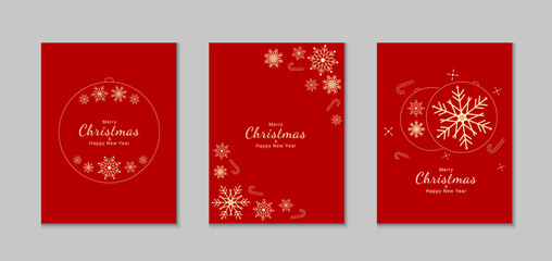 Obraz na płótnie Canvas Set of Christmas and New Year cards. Flat holiday background design with xmas decorations. Illustration template for greetings, invitations, brochures, covers. Vector