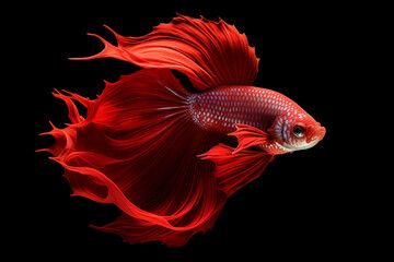 Shimmering bright red Betta fish with long, flowing fins against a black background. isolated
