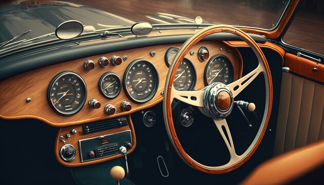 Vintage car interior antique luxury classic wooden closeup steering old obsolete vehicle transport wood design transportation style part driving past revival fashion wheel retro old-fashioned