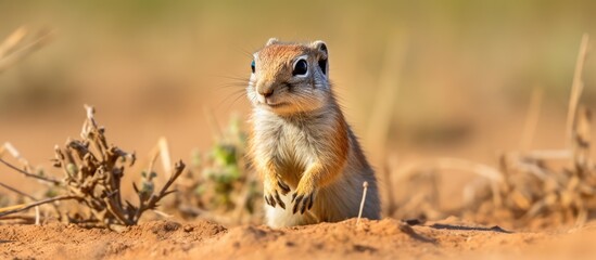 Naklejka na ściany i meble In the vast grasslands of Africa, a cute mammal, a ground squirrel, with its furry body and bushy tail, diligently scurries along the ground, alert and agile, searching for food while its adorable