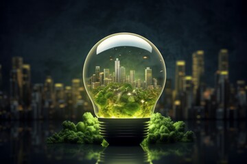 Urban Lightbulb containing city. Concept light. Generate Ai - obrazy, fototapety, plakaty