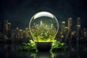 Fotobehang Urban Lightbulb containing city. Concept light. Generate Ai © juliars