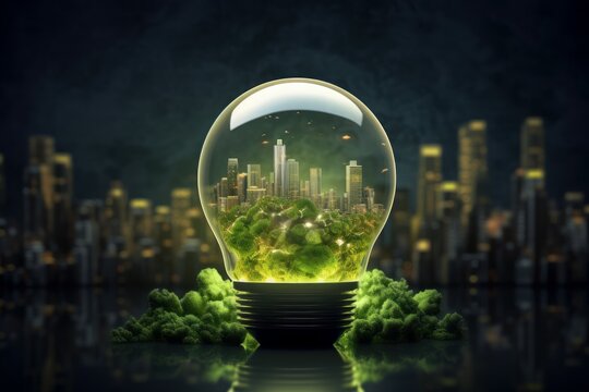 Urban Lightbulb containing city. Concept light. Generate Ai