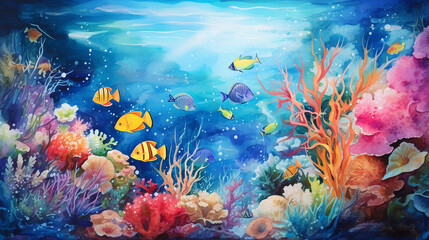 Fototapeta na wymiar underwater world watercolor