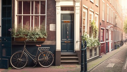 Typical Amsterdam old city street view traditional buildings vintage bicycle architecture door holland entrance dutch europa european building retro nobody tranquil calmness no people day summer - obrazy, fototapety, plakaty