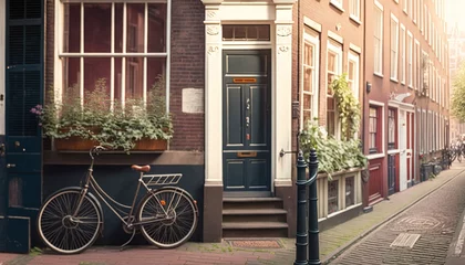 Fotobehang Typical Amsterdam old city street view traditional buildings vintage bicycle architecture door holland entrance dutch europa european building retro nobody tranquil calmness no people day summer © akkash jpg