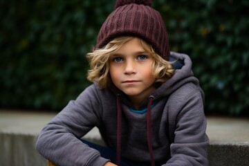 Outdoor portrait of a cute little boy in a knitted hat