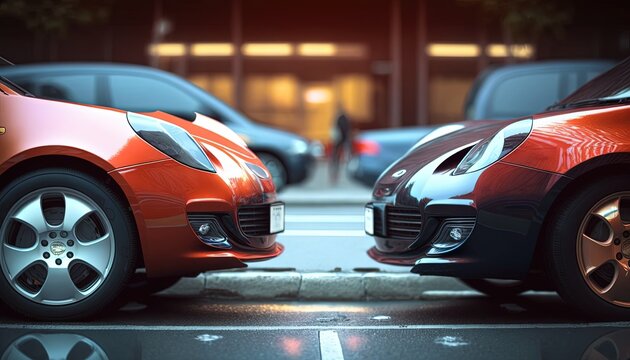 Two new cars standing front each other car transportation vehicle auto parking 2 red blue half face part of modern tire shiny driving rim alloy park detail traffic city life urban design metallic