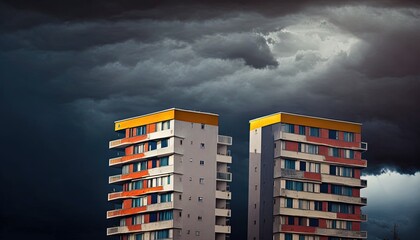 Two colorful residential buildings stormy dark blue sky Abstract looking high contrast picture copy space top architecture building storm colourful modern balcony symmetry symmetric outdoors 2 - obrazy, fototapety, plakaty