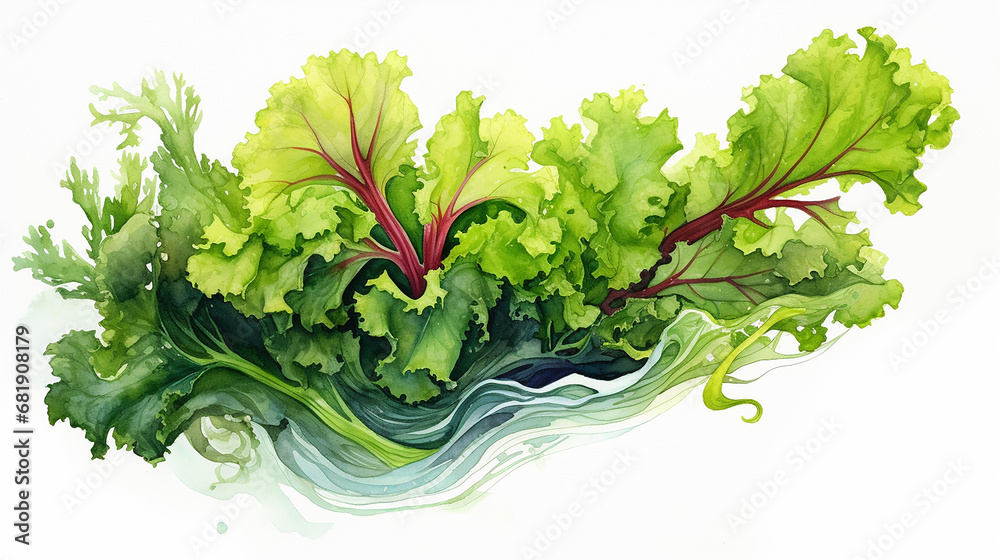 Sticker watercolor drawing edible green seaweed