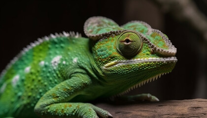 Horned chameleon on branch, looking cute with yellow eyes generated by AI