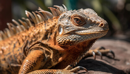 Fototapeta premium Green iguana crawls on branch in tropical rainforest wildlife reserve generated by AI
