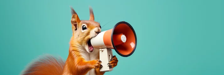 Tuinposter Eekhoorn A squirrel with a megaphone making an announcement
