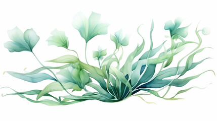 hand painted watercolor laminaria with algae leaves branch isolated on white background.
