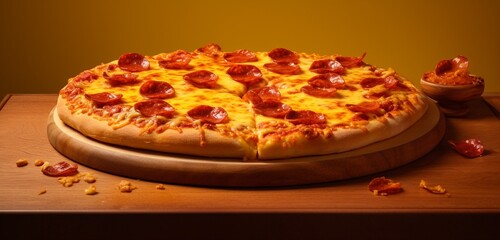a hot, pepperoni pizza with melted cheese and a crispy crust, on a wooden pizza board, set against...