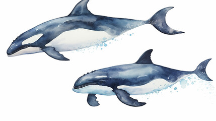 watercolor painting whales isolated on white background