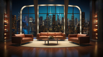 Empty talk show set with cityscape background and couches.Concept of Silent Studio Setting, Empty Talk Show Stage, Waiting for Stories, Wood-Floored Spotlight, Behind the Scenes Quiet. - obrazy, fototapety, plakaty