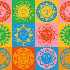 Sun with face abstract ornamental cartoon seamless pattern. Ethnic boho style sunny smiling faces boundless wallpaper. Funny smiling suns various emotions cute background. Repeat vector illustration