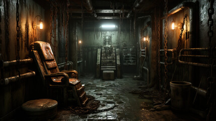 Creepy leather chair in dark basement setting empty backdrop. Concept of Haunted Seating, Eerie Leather Throne, Sinister Basement Ambiance, Vacant Menace Chair.