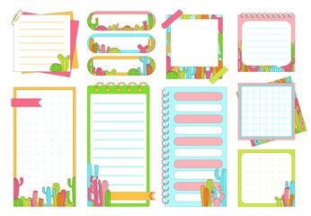 Notepaper page, bookmark and sticker set with cacti. Stationery elements for planning. Weekly daily blank planner, note checklist paper, sticky template page collection. Isolated vector illustration
