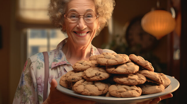 Grandma with big plate of cookies smiling. Concept of Smiling Grandma, Cookie Bliss, Generational Treats, Sweet Granny Delight.