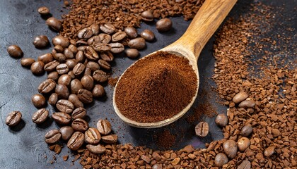 Macro shot of ground coffee on coffee beans background.