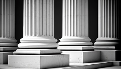 Three classical black white Greek columns row pillar column marble architecture courthouse building government strong strength colonnade justice style culture library built structure classic