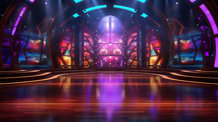 Game show set empty. Purple colorful. Concept of Vibrant game show environment, colorful set design, playful atmosphere, anticipation of competition. - obrazy, fototapety, plakaty