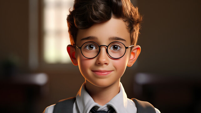 Smart nerdy boy with glasses close up portrait. Concept of Intellectual curiosity, studious demeanor, academic focus, youthful intelligence.