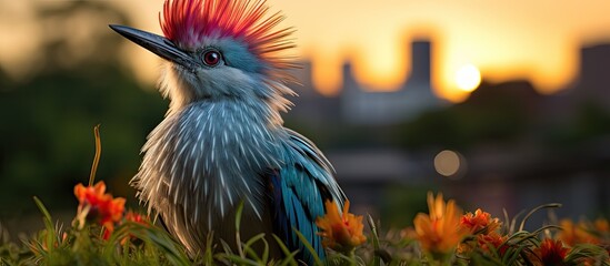 In an urban setting, amidst the concrete jungle, a beautiful and colorful bird with vibrant feathers perched on the grass, posing for a portrait while showcasing its natural wings and beak, reminding