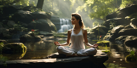 Woman meditating in yoga pose in creek bed nature. Concept of Nature mindfulness, inner peace, yoga in natural settings, connecting with nature. - obrazy, fototapety, plakaty
