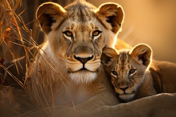 Radiant Lioness her cubs sunset. Baby cat. Generate Ai