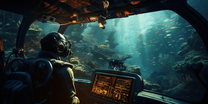 Man driving submarine in the ocean cockpit view. Concept of Underwater navigation, deep-sea exploration, piloting submersible vehicles. - Powered by Adobe