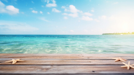 wood table top on blur sparkling sea water and summer with cloudy blue sky