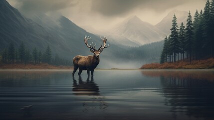 elk stag walking in a lake