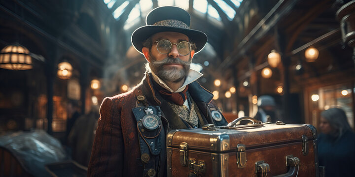 Steampunk man mustache in a train station ready for a trip. Concept of Victorian-era futurism, retro-futuristic traveler, steampunk adventure, vintage travel culture.