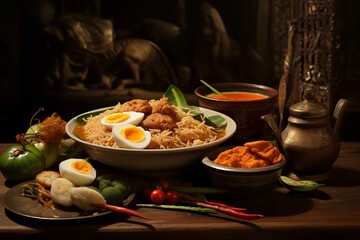 A steaming bowl of noodles, eggs, and vegetables sits on a wooden table. The noodles are cooked to perfection and the eggs are soft-boiled.