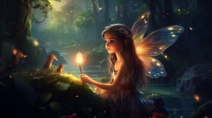Obraz na płótnie Canvas Enchanted fairy forest with magical shining window in hollow tree, large mushroom with bird and flying magic butterfly leaving path with luminous sparkles