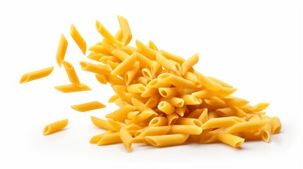 Fototapeta premium Falling italian penne rigate pasta isolated on white background with clipping path