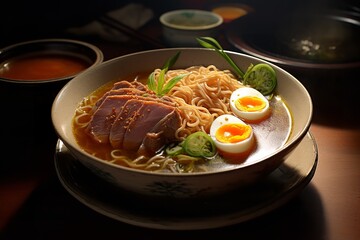 This close-up photo shows a steaming bowl of ramen noodles topped with tender pork belly, perfectly cooked eggs, and fresh vegetables.