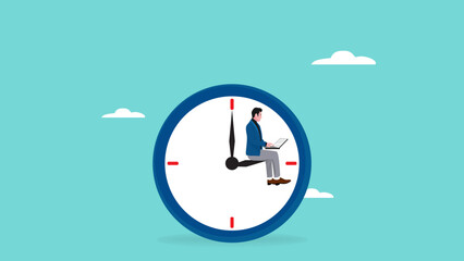 time management concept with s businessmen sitting on clock illustration, businessman sitting on big wall clock while working with laptop, efficiency multitasking vector time management