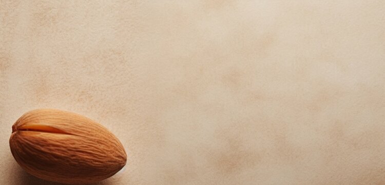A single, perfect almond positioned in the center-left on a textured beige background. The right and top of the image provide a broad space for text, highlighting the almond's smooth, brown surface.