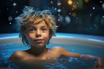 Little boy jacuzzi spa. Swim relaxation. Generate Ai - obrazy, fototapety, plakaty