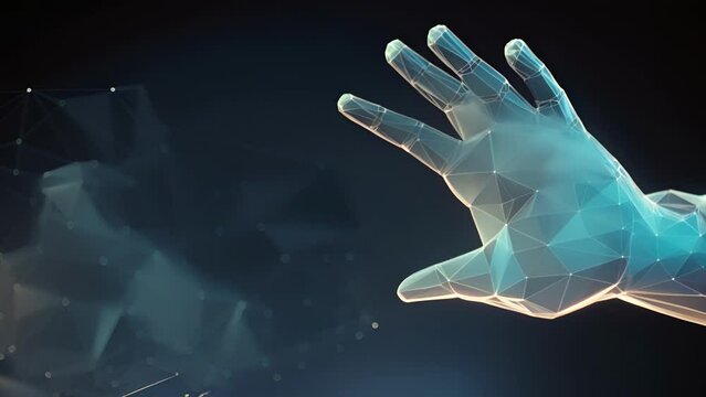 A low poly wireframe ilration of a hand showcasing the growth and potential of the stock market.